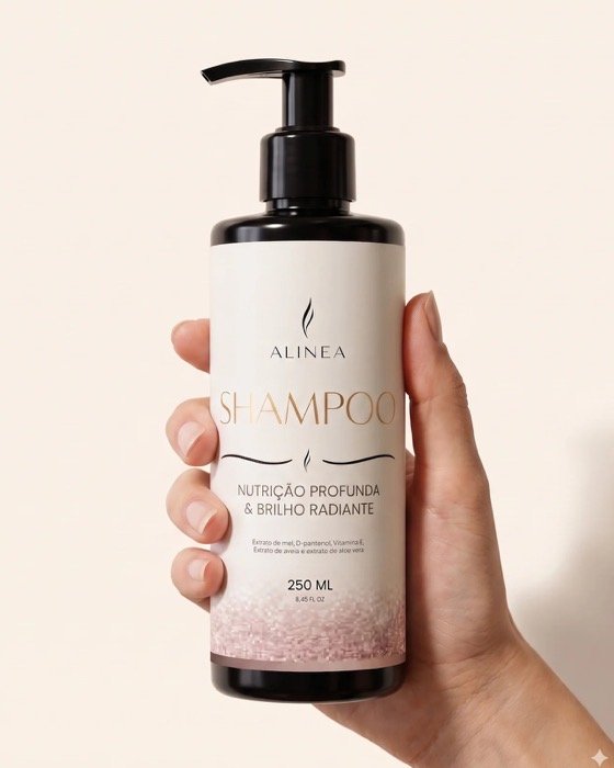 Frasco do shampoo na mão, mostrando o tamanho real