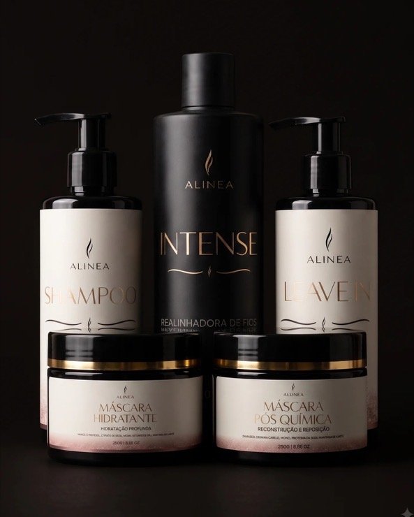 Kit 3 Linha Completa: cinco produtos Alinea sobre fundo preto