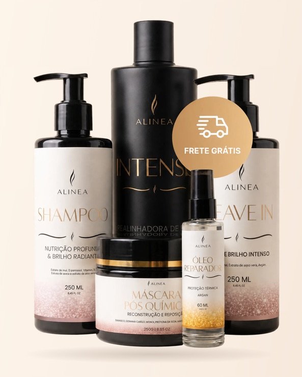Kit 3 Liso Absoluto: progressiva Intense, shampoo, máscara pós-química, leave-in e óleo reparador Alinea