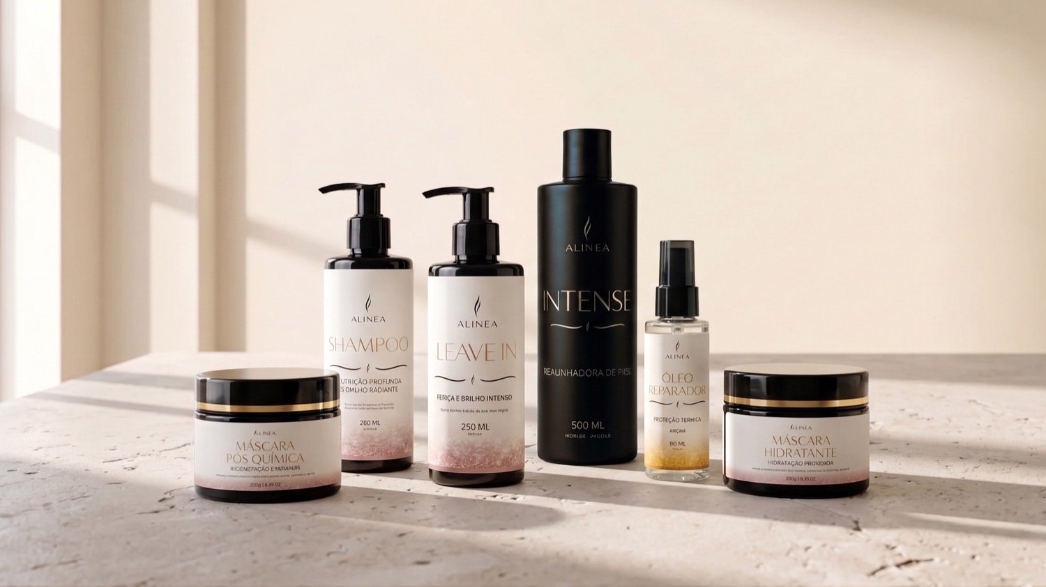 Os seis produtos da linha Alinea sobre superfície de pedra clara
